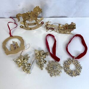 Gold Toned Christmas Ornament LOT of 7 Angels White House Sleigh Horse Wreaths